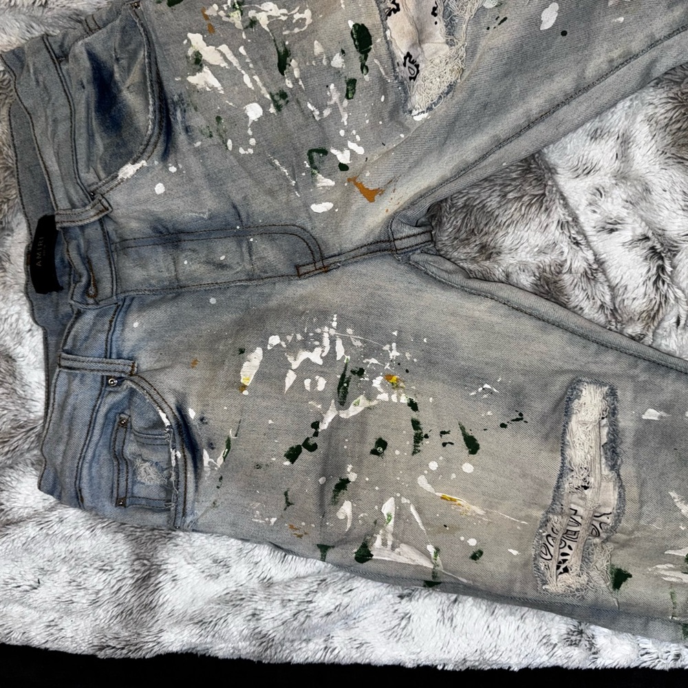 AMIRI Paint-Splatter Skinny Jeans - Gray and Green
